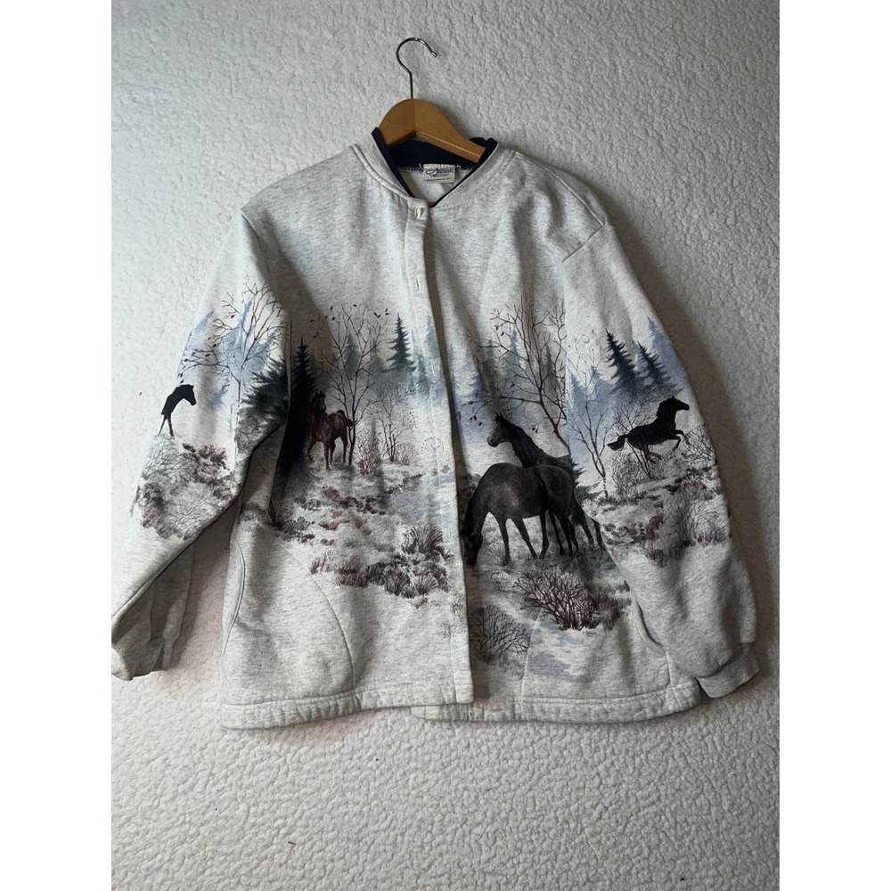 Vintage Artisans Wild Horse Winter Forest Fleece Jacket Gray Snap Front Mens S